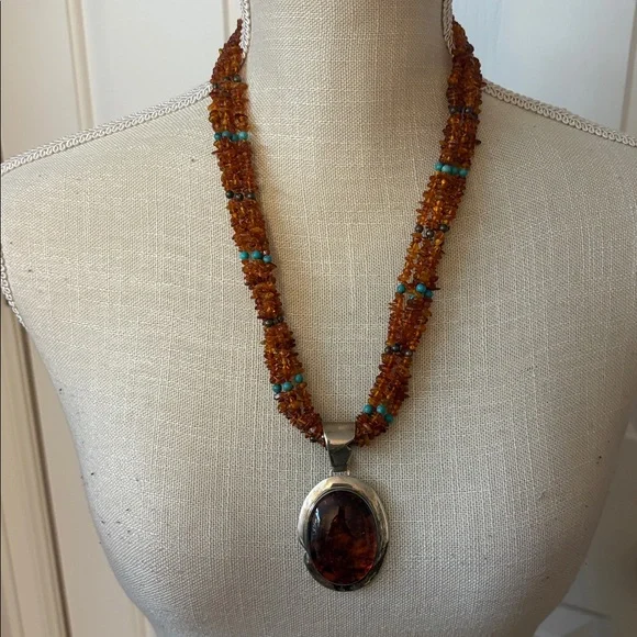 NWOT Jay King Mine Finds Amber & Turquoise Beaded Necklace w/925 Silver Pendant - Picture 10 of 14